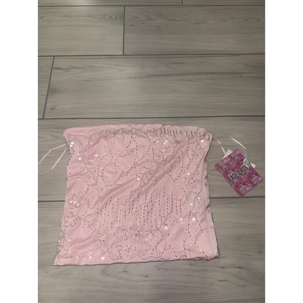 Faded Rose Pink Sequin Beaded Tube Top Small Y2K Strapless Floral Crop Top NWT
